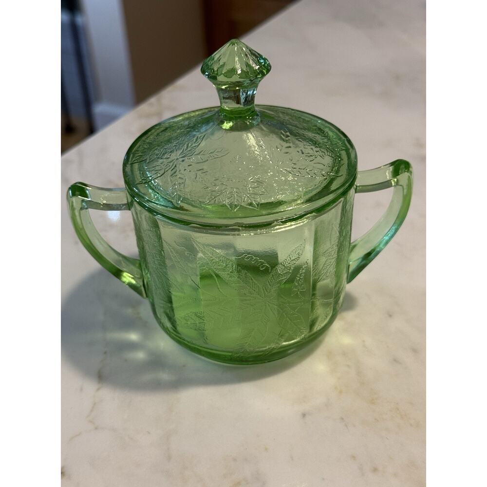 Green Jeanette Depression Uranium Glass Poinsettia Sugar Bowl with Lid Glows